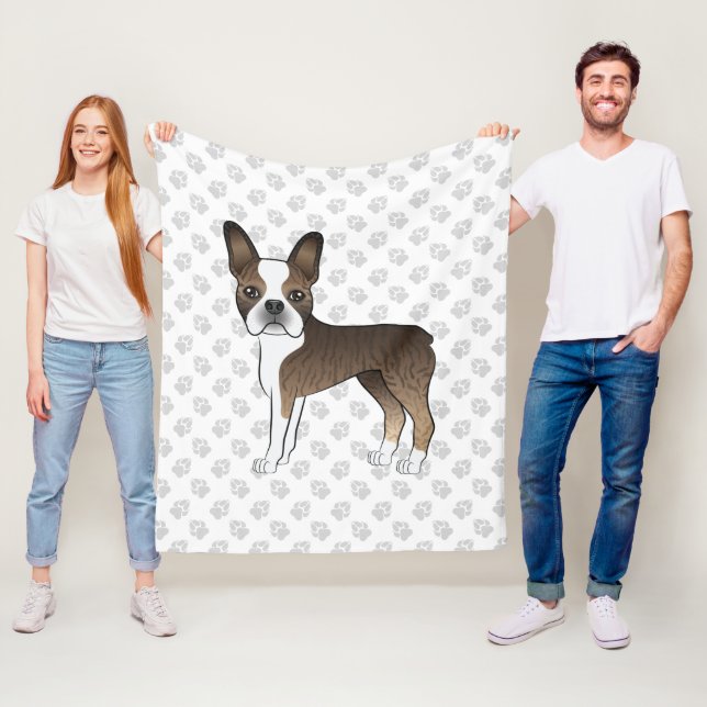 Brindle Boston Terrier Cute Cartoon Dog & Paws Fleece Blanket (In Situ)