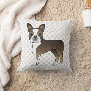Brindle Boston Terrier Cute Cartoon Dog & Paws Throw Pillow