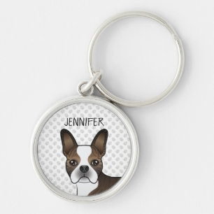 Brindle Boston Terrier Dog Head & Custom Name Keychain