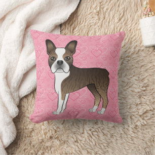Brindle Boston Terrier Dog On Pink Hearts Throw Pillow