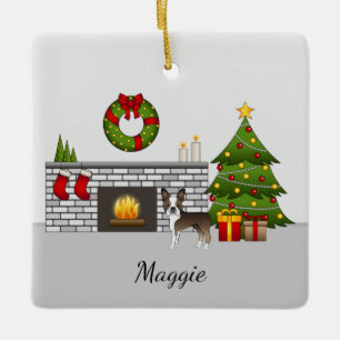 Brindle Boston Terrier In A Festive Christmas Room Ceramic Ornament