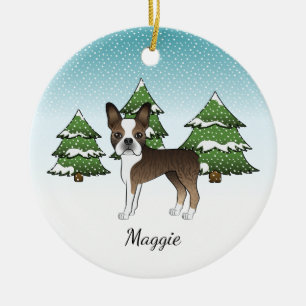 Brindle Boston Terrier In A Winter Forest & Name Ceramic Ornament