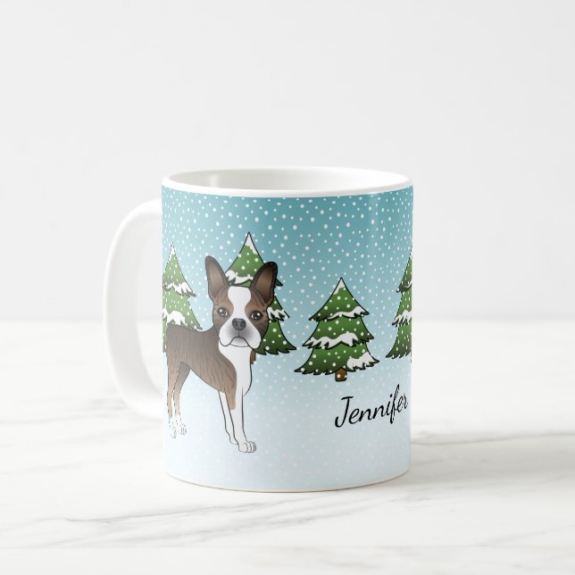 Brindle Boston Terrier In A Winter Forest & Name Coffee Mug (Front Left)