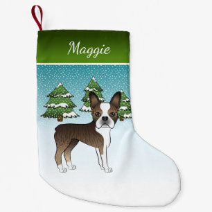Brindle Boston Terrier In A Winter Forest & Name Small Christmas Stocking
