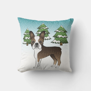 Brindle Boston Terrier In A Winter Forest Throw Pillow