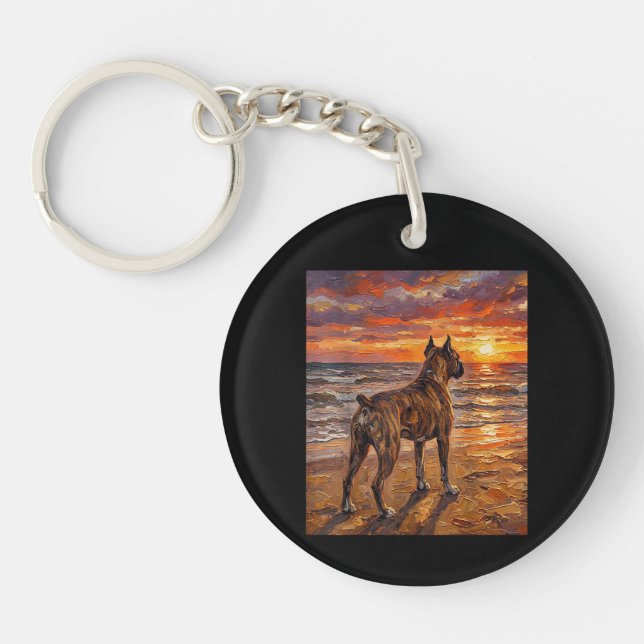 Brindle Boxer at Sunset Beach Boxer Dog Art Gift Keychain (Front)