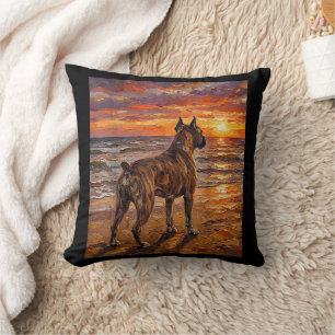 Brindle Boxer at Sunset Beach Boxer Dog Art Gift Throw Pillow
