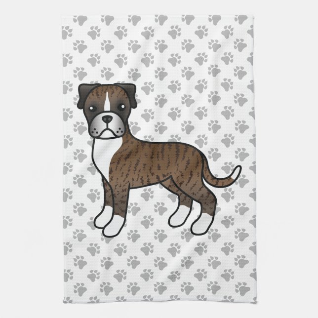 Brindle Boxer Cute Cartoon Dog & Paws Kitchen Towel (Vertical)