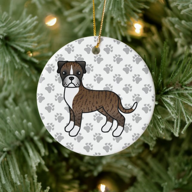 Brindle Boxer Dog Cute Illustration & Paws Ceramic Ornament (Tree)