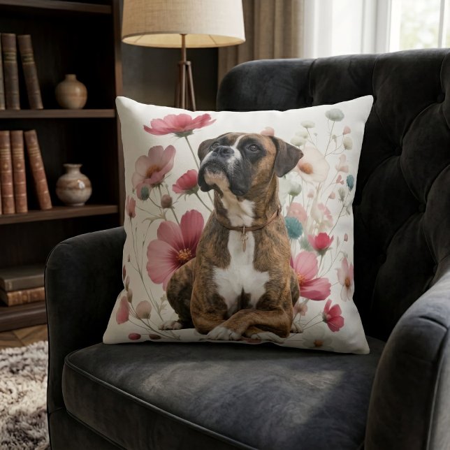 Brindle Boxer Dog & Wildflowers Throw Pillow (Creator Uploaded)