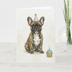 Brindle French Bulldog Birthday Party Hat Cupcake Card
