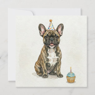 Brindle French Bulldog Birthday Party Hat Cupcake Card