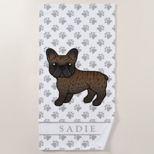 Brindle French Bulldog Cute Cartoon Dog & Name Beach Towel