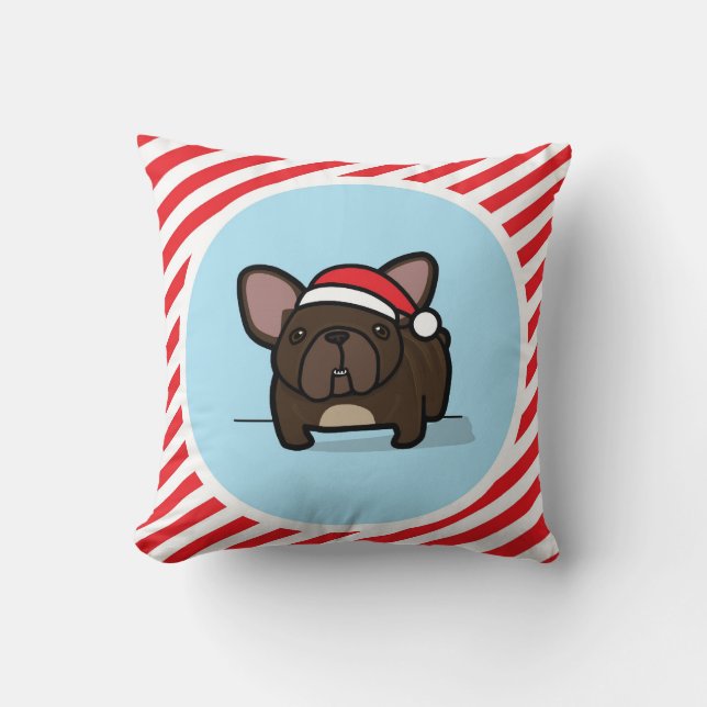 Brindle Frenchie on Candy Cane Stripes Throw Pillow (Front)