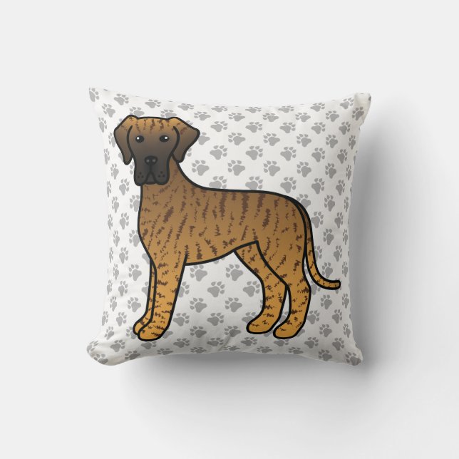 Brindle Great Dane Cute Cartoon Dog & Paws Throw Pillow (Front)