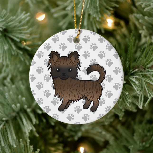 Brindle Long Coat Chihuahua Cartoon Dog & Paws Ceramic Ornament (Tree)