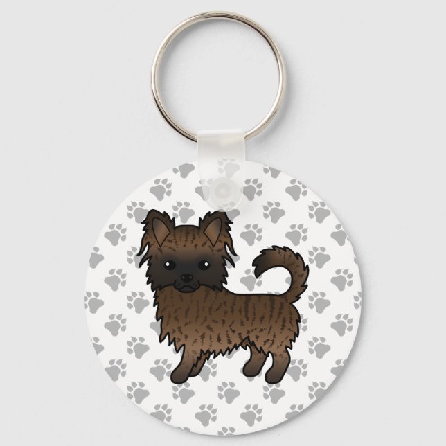 Brindle Long Coat Chihuahua Cartoon Dog & Paws Keychain (Front)