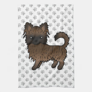 Brindle Long Coat Chihuahua Cartoon Dog & Paws Kitchen Towel
