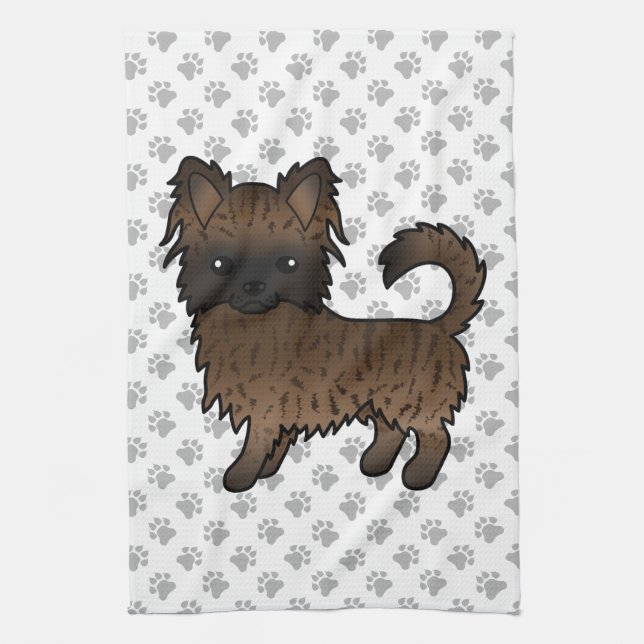 Brindle Long Coat Chihuahua Cartoon Dog & Paws Kitchen Towel (Vertical)