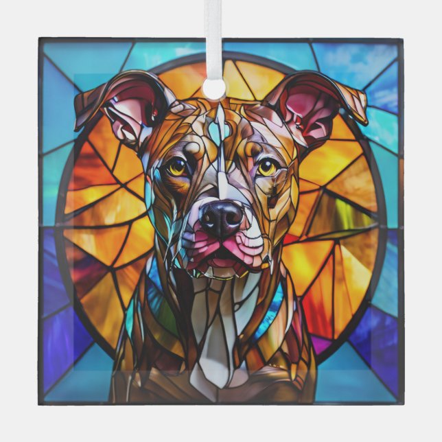 Brindle Pit Bull Dog "Stained Glass" Glass Ornament (Front)