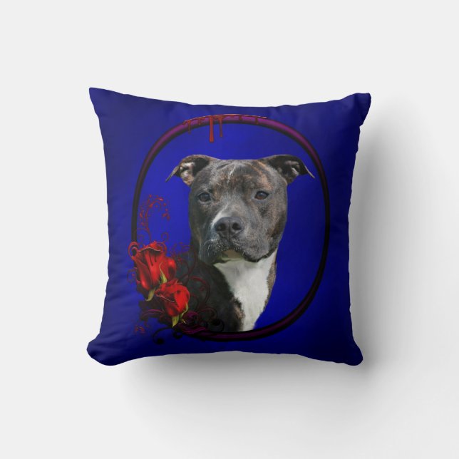 Brindle pitbull with roses throw pillow (Front)