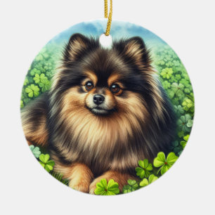 Brindle Pomeranian Watercolor Clover Shamrock Ceramic Ornament