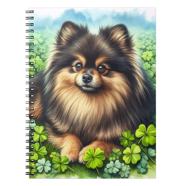 Brindle Pomeranian Watercolor Clover Shamrock Notebook (Front)