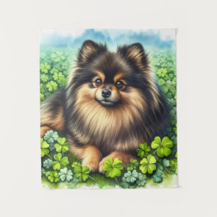 Brindle Pomeranian Watercolor Clover Shamrock Tapestry