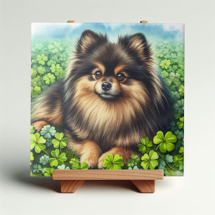 Brindle Pomeranian Watercolor Clover Shamrock Tile