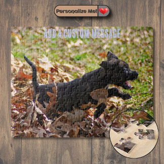 Brindle Puppy Runs Through Leaves Jigsaw Puzzle