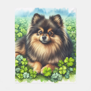 Brindle Sable Pomeranian Green Shamrock Field Fleece Blanket