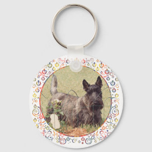 Brindle Scottish Terrier with Roses Keychain