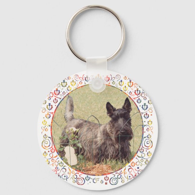 Brindle Scottish Terrier with Roses Keychain (Front)
