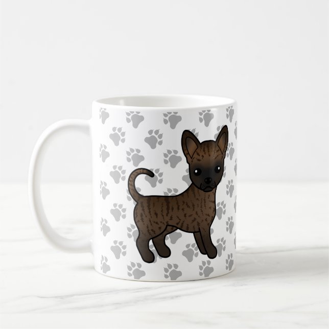 Brindle Smooth Coat Chihuahua Cartoon Dog & Paws Coffee Mug (Left)