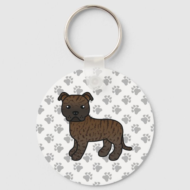 Brindle Staffordshire Bull Terrier Cartoon Dog Keychain (Front)