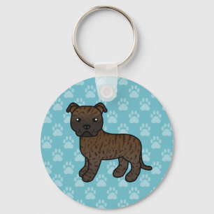 Brindle Staffordshire Bull Terrier Dog On Blue Keychain