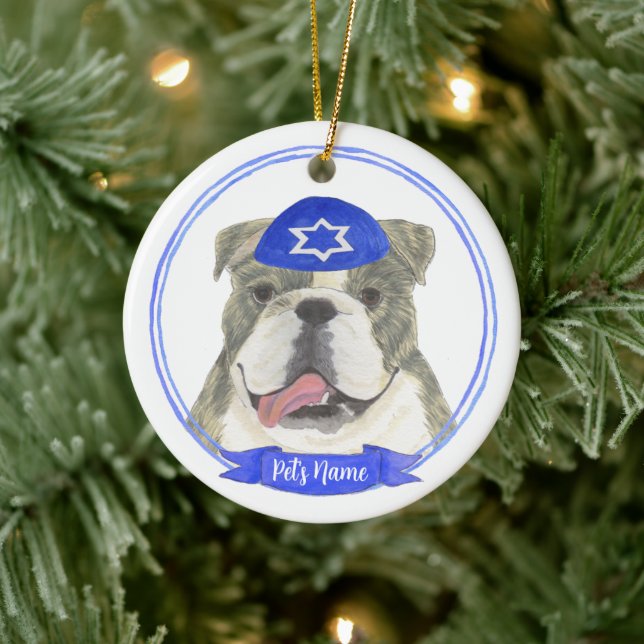 Brindle & White English Bulldog Hanukkah Ceramic Ornament (Tree)