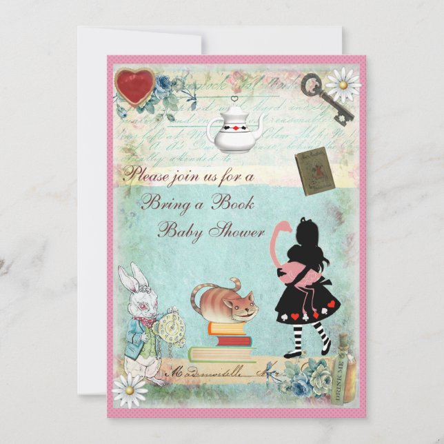 Bring a Book Alice & Pink Flamingo Baby Shower Invitation (Front)