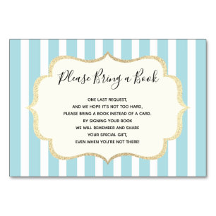 Bring a Book - Blue White Stripes BOY Baby Shower Table Number