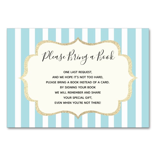 Bring a Book - Blue White Stripes BOY Baby Shower Table Number (Front)