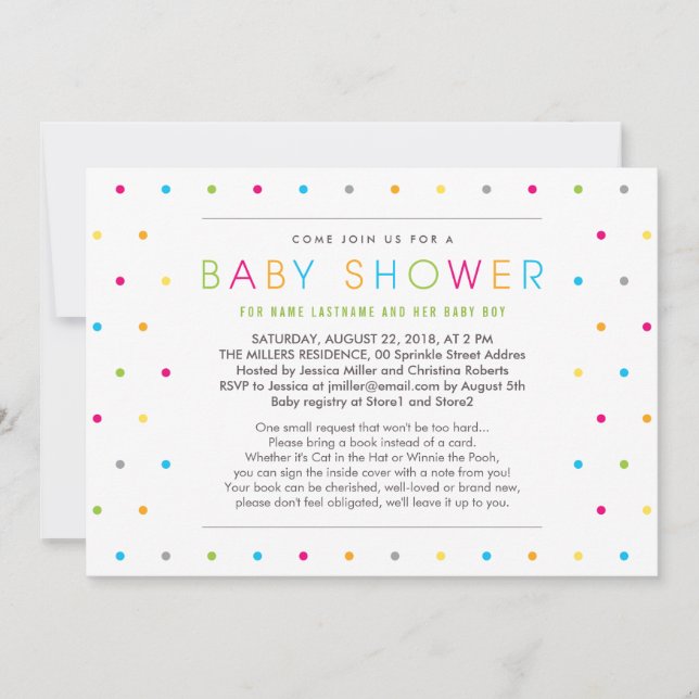 Bring a Book Colour Dots Clean Baby Shower Invite (Front)