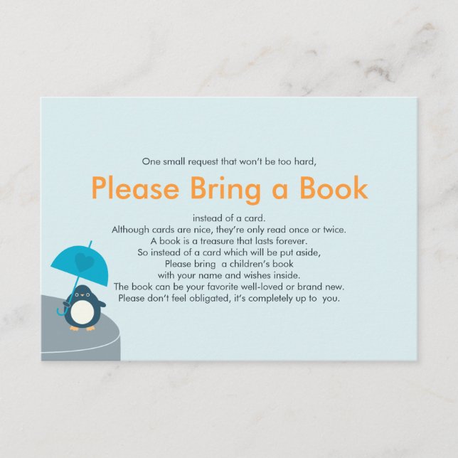 Bring a Book Cute Penguin Boy Blue Insert Card (Front)