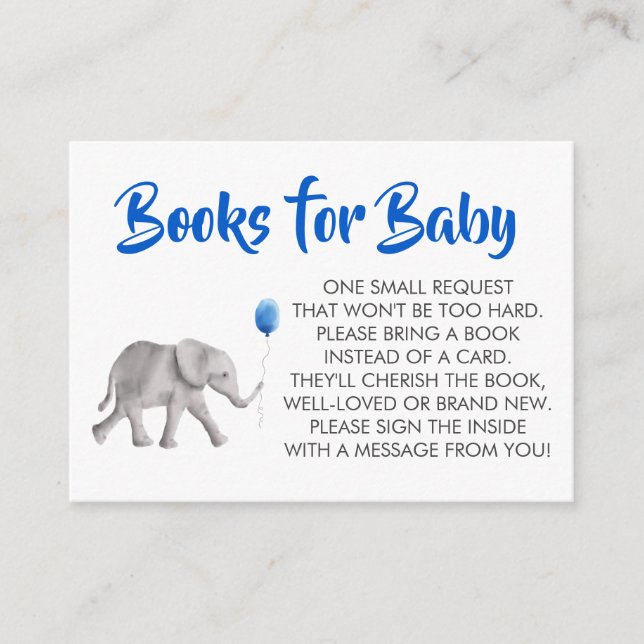 Bring a Book for Baby, Blue Elephant Baby Shower Enclosure Card (Front)