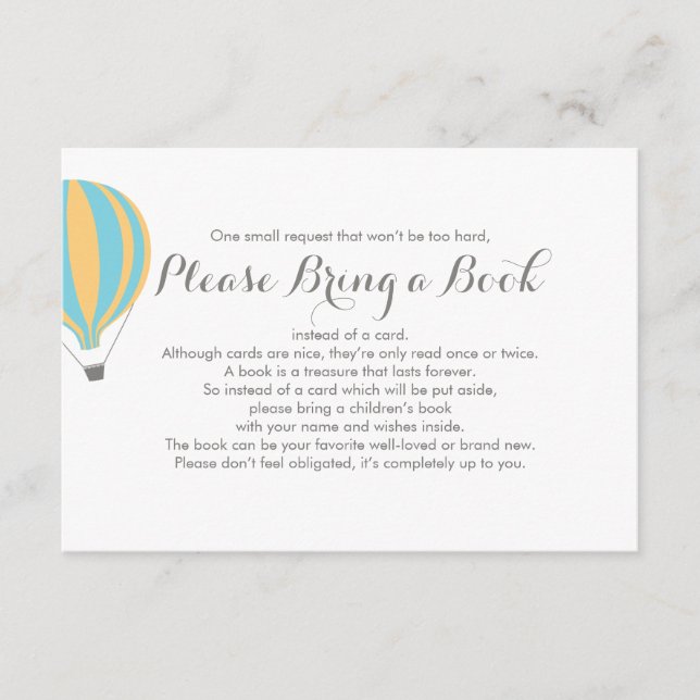 Bring a Book Hot Air Blue Balloon Insert Card (Front)