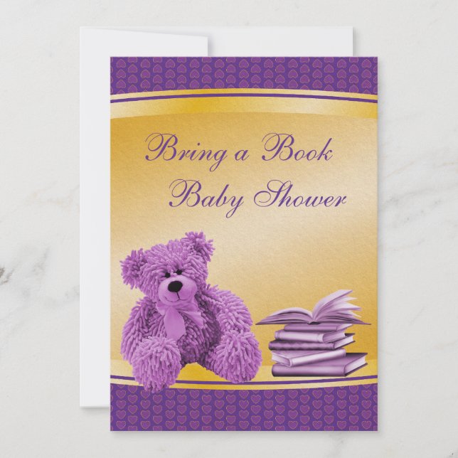 Bring a Book Purple Teddy & Hearts Baby Shower Invitation (Front)