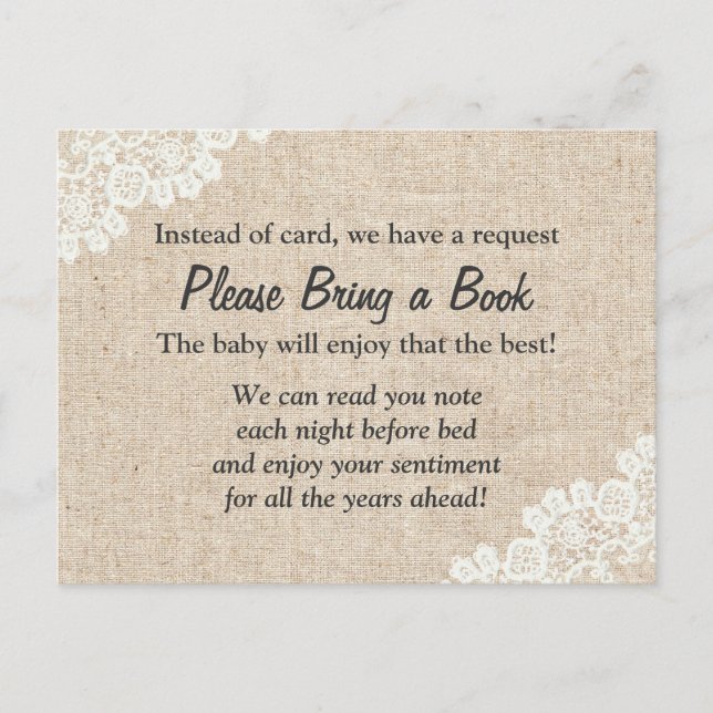 Bring a Book Rustic Lace Burlap Baby Shower Insert Invitation Postcard (Front)