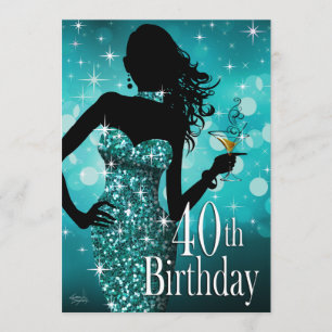 Bring the Bling Sparkle 40th Birthday   teal Invitation