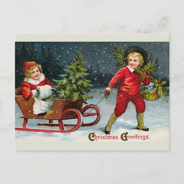 "Bringing Home Christmas Holly" Postcard (Front)