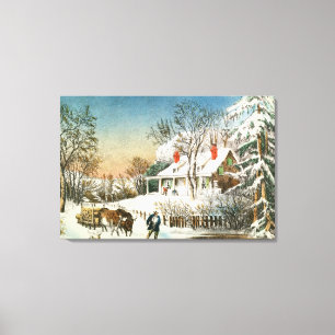 Bringing Home the Logs, Winter Landscape Canvas Print
