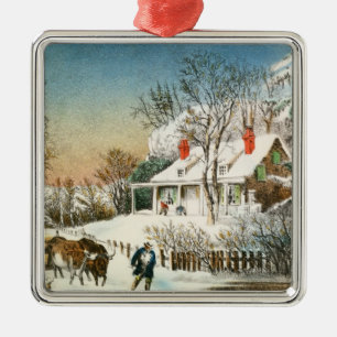 Bringing Home the Logs, Winter Landscape Metal Ornament